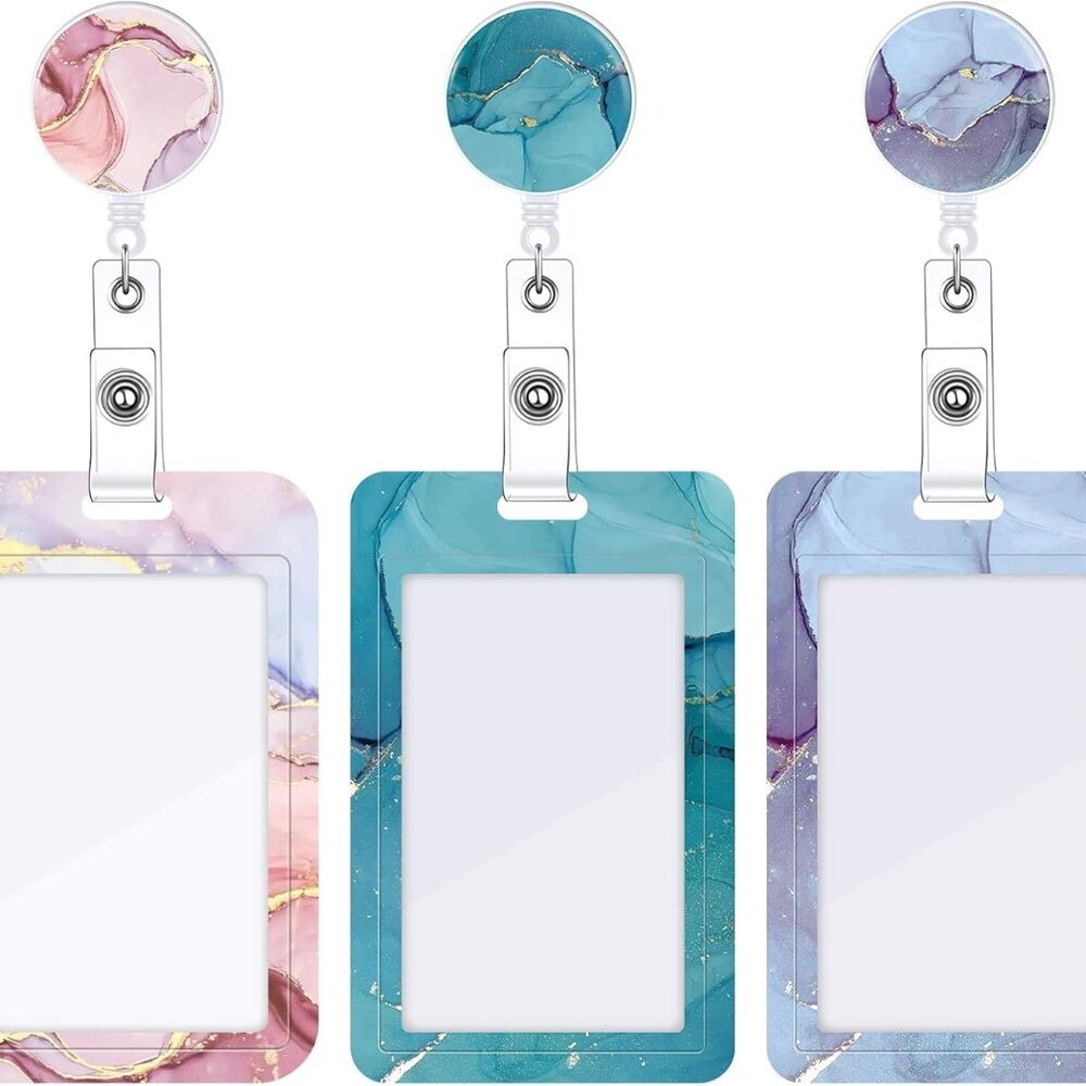 3 Set Heavy Duty Badge Holder with Retractable Reel, Marble Retractable ID Badge